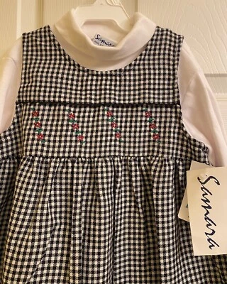 Nuevo con etiquetas Vestido Samara Negro Blanco Cuadros 2 Piezas Bordado Flor Niñas Talla 4T Foto 1 de 4
