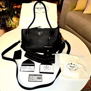 PRADA Vitello Daino Black Leather Handbag Center Zip 2-Way Purse with cert - Picture 1 of 24