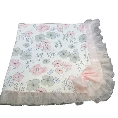 First Impressions 粉色花卉蝴蝶结薄纱婴儿毯安全婴儿床女孩 25x28” — 第 1/3 张图片
