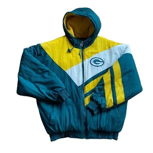 Vintage Green Bay Packers Logo 7 NFL Coat Large Striped Hooded Quilted Puffer - Picture 1 of 11