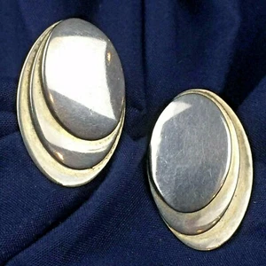 Vintage Signed Ernest Steiner Silver Tone Oval Modernist Clip Earrings - Picture 1 of 6