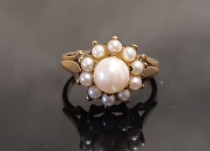 9ct Gold Pearl / Seed Pearl Cluster Ring Size M 