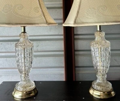 Vtg Mid-Century Cut Glass Brass Urn Table Lamp Accent 20" No Shade Set of 2 Pair - Image 1 of 4