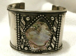 Vintage Hand Crafted Grecian Silver Tone Metal & Abalone Shell Cuff Bracelet - Picture 1 of 2