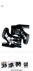 Chunky Black Platform Boots Womens Size 8.5 Patent Faux Leather Buckle Heel Goth - Picture 1 of 3