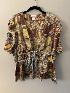 Baby Phat Vintage Y2K Open Front Brown Blue Paisley Satin Shirt Blouse - Size XL - Picture 1 of 8