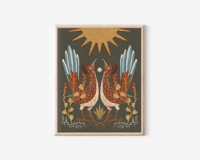 Póster Twin Roadrunners | Impresión de naturaleza de arte popular del desierto | Decoración del suroeste Foto 1 de 4