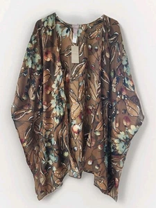 Chicos Foil Fruit Tree Long n Lean Ruana Brown Sugar L XL Open Topper New - Picture 1 of 12