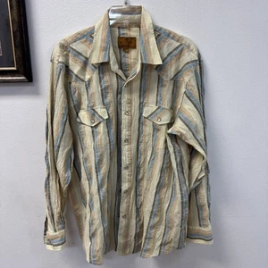 Scorpio Pearl Snap Shirt Mens Large Beige Blue Striped Long Sleeve * - Picture 1 of 7