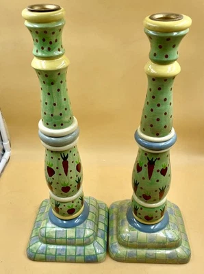 Colorful Foreside Pair of Wood Candle Holders 14” Tall Hand Painted - Image 1 of 4