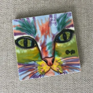 Claudia Sanchez Cat Art Ceramic Tile 4x4 Art Handpainted Signed CGS Cork Back - Picture 1 of 5