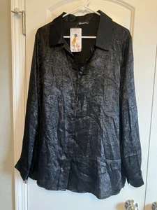 Pretty Garden Black Composite Silk Button Down Blouse XL C334 - Picture 1 of 6