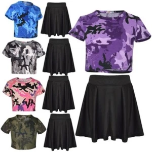 A2Z Kids Camo Crop Top & Skater Skirt Set Summer Wear Girls Boys Age 5-13 Years - Picture 1 of 33