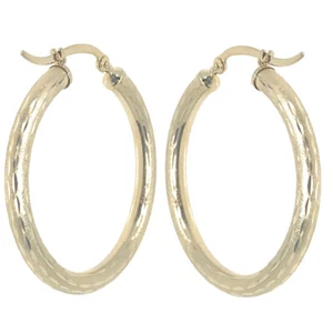 14k Real Yellow 100% Gold Hollow Diamond Cut Round Hoop Loop Earrings 1.38" 34mm - Picture 1 of 5