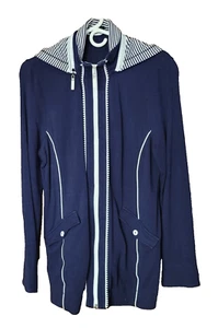 Bylyse Women XL Nautical Jacket – Navy & White Bamboo Blend Two-Way Zip Stretch - Picture 1 of 12