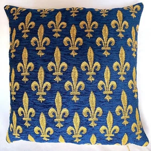 HIGH QUALITY 35CM BELGIAN TAPESTRY CUSHION COVER BLUE GOLD, FLEUR DE LYS 8231/33 - Picture 1 of 5