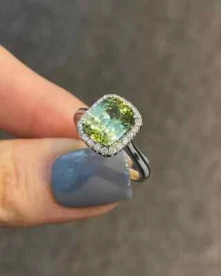 2.60 Ct Cushion Cut Natural Green Tourmaline Diamond Wedding Ring 18k White Gold - Image 1 of 4