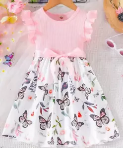 Boutique Girls Church Dress Easter Party Butterfly Flutter Sleeve Floral NEW - Picture 1 of 26