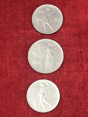 VTG 1950's set of 3 Coins Italy 1955 R 50 Lire, 1956 R 50 Lire, 1956 R 100 Lire - Image 1 of 4
