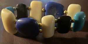 Vintage Antique Lucite Cuff Bracelet Blue/white Beads Stretch Jewelry Boho