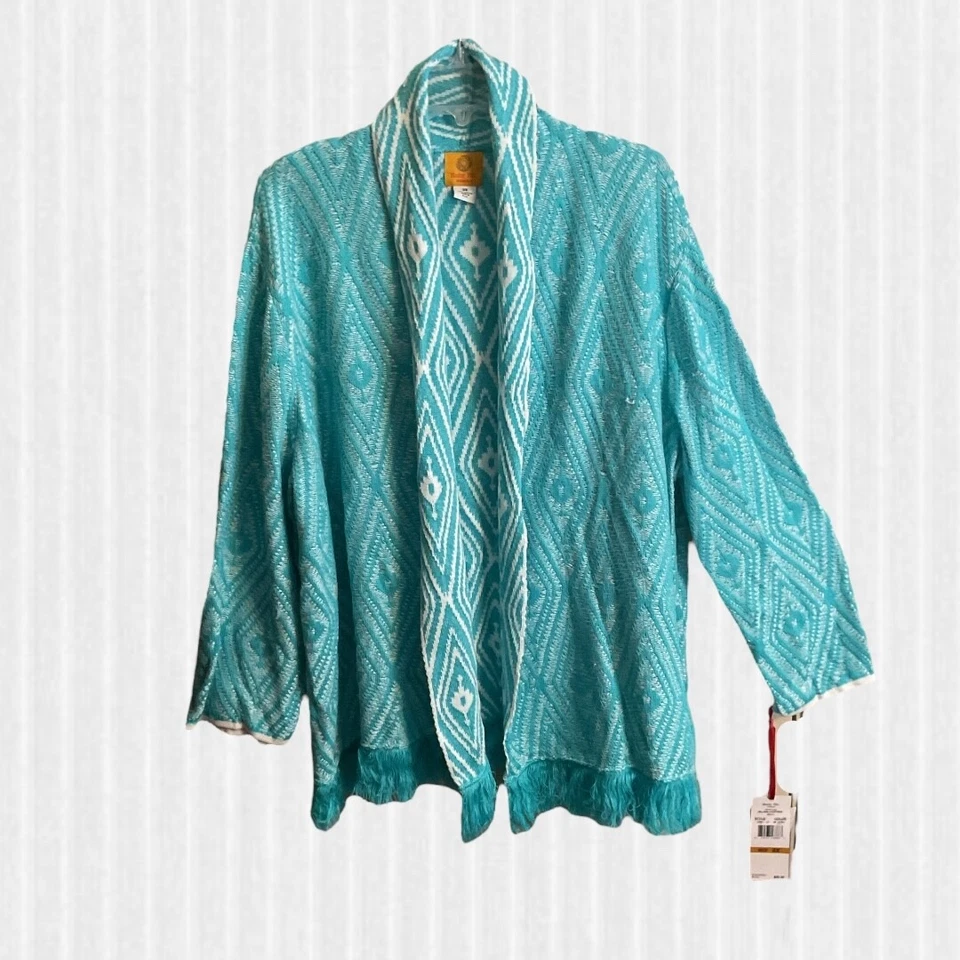 NWT Ruby Rd Cardigan Women's SZ 3X Open  Turquoise &White Fringe Hem Long Sleeve - Image 1 of 4