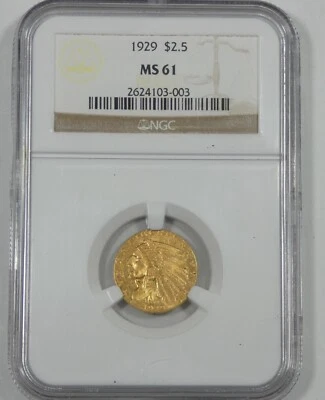 1929 GOLD Indian Head $2.50 Quarter Eagle CERTIFIED NGC MS 61 - Image 1 of 4