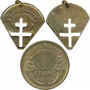 F. F. I, Grupo Roland, Moneda De 1 Dura Morlon 1934 Cortada, Con Arito - Imagen 1 de 1