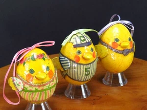 Vintage Easter Egg Ornaments Decoupage Chicks Baby Chicken Bird 3 Paper Eggs '95 - Picture 1 of 12