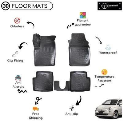 Custom Molded Rubber Floor Mat for Fiat 500 2007-2018 (Black) - Image 1 of 3