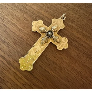 Antique Victorian Gold-Filled Cross Pendant with Seed Pearl Etched Floral Large - Picture 1 of 7