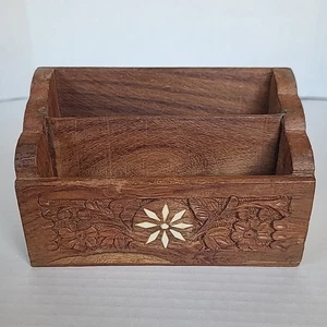 Vintage Hand Carved Wood Letter Holder Desktop Organizer - Picture 1 of 9