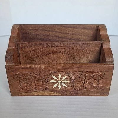 Vintage Hand Carved Wood Letter Holder Desktop Organizer - Image 1 of 4