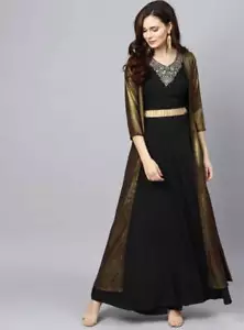 Designer Indo Western Dress For Women, Indian Crop Top With Skirt And Jacket Set - Picture 1 of 6