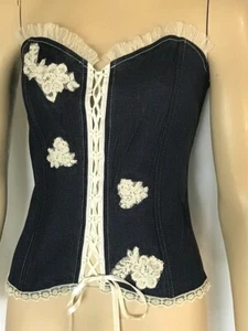 Lorrie Kabala Blue Stretch Denim Bustier with Ivory Appliques, Size 8 - Picture 1 of 10