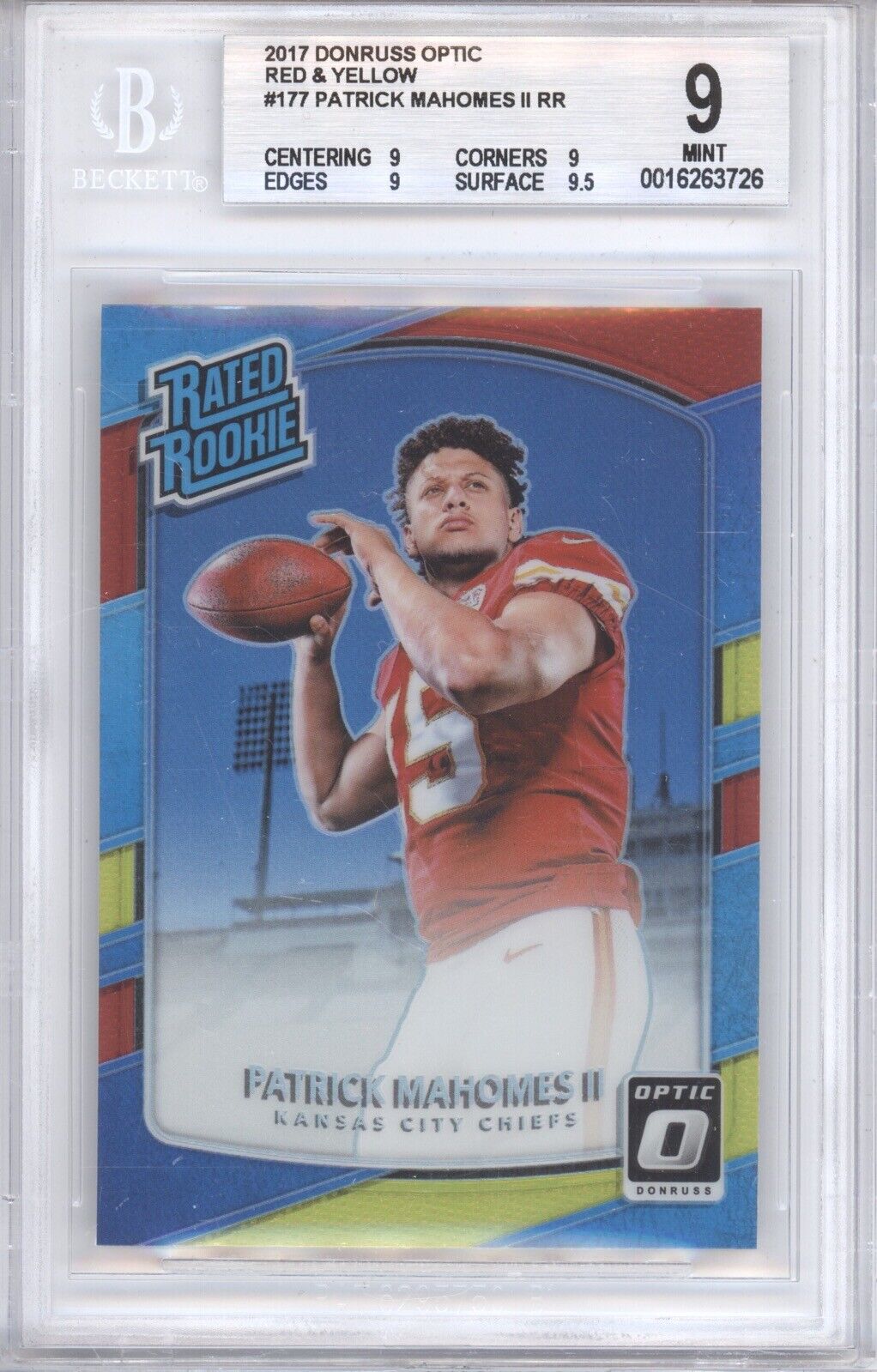 PATRICK MAHOMES II BGS 9 2017 DONRUSS OPTIC #177 RATED ROOKIE RED & YELLOW RC 26