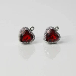 WHITE GOLD FINISH Red Ruby Created Diamond Heart Cut Droplet Earrings - Picture 1 of 4