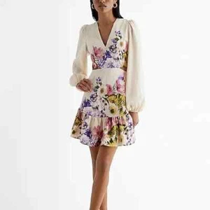 Express Floral V-Neck Long Puff Sleeve Cutout Mini Dress L - Picture 1 of 3
