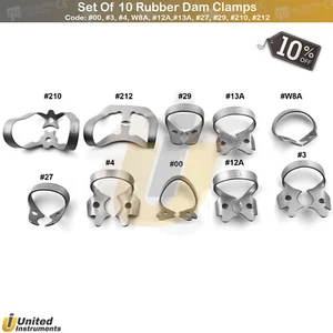 Set Of 10 Basic Rubber Dam Clamps #3, #4, W8A, #12A,#13A, #27, #29, #210, #212 - Picture 1 of 1