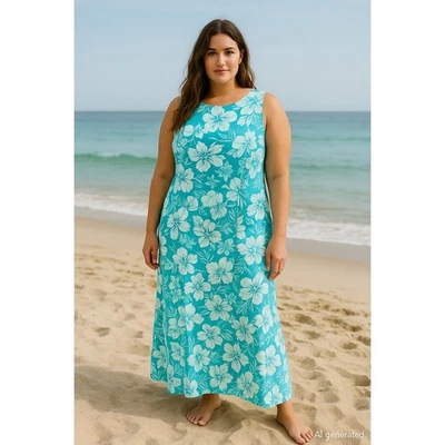 Coldwater Creek Womens Dress Sz 14P Turquoise Floral Silk Linen Maxi Boho Resort - Image 1 of 4