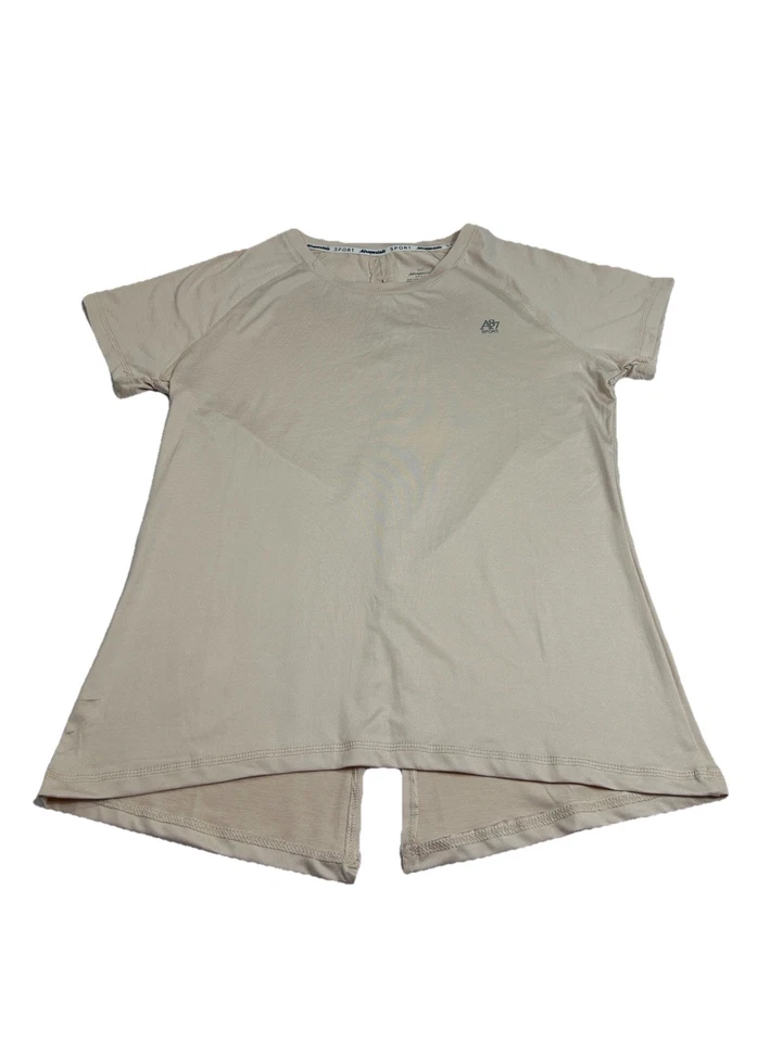 Camiseta Aeropostale Sport A87 para mujer beige mediana manga corta dobladillo dividido elástica Foto 1 de 4