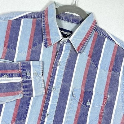 Vintage Wrangler Brushpopper Western Shirt 17 34 Bold Stripe Button X Long Tails - Image 1 of 4