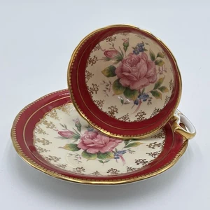 Vintage Aynsley Cabbage Pink Rose Tea Cup Saucer Burgundy Gold Trim England 894 - Picture 1 of 16