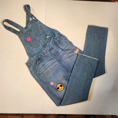 Light Blue Denim Overalls with Adjustable Straps and Colorful Patches sz 14 - Image 1 of 4