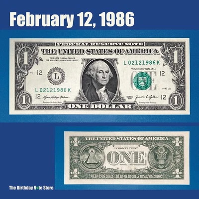 February 12, 1986 Birthday Anniversary $1 One Dollar Bill Serial Number 02121986 - Image 1 of 2