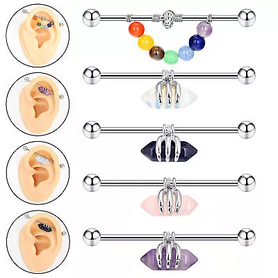 1pc 7 Chakra Stone Industrial Barbell Stainless Steel Bar Earring Piercing 14G - Image 1 of 4
