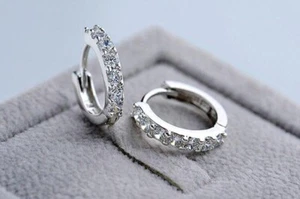 1Ct Round Created Diamond Small Huggie Hoop Earrings in 14K White Gold Plated - Picture 1 of 7