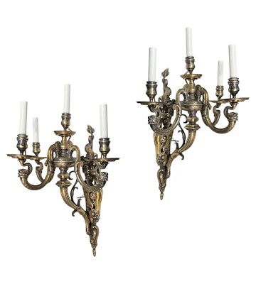 Pair Antique Renaissance Revival Silvered Bronze 4-Light Sconces Wall Lights - Image 1 of 4
