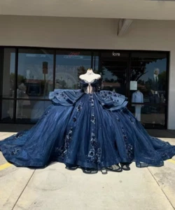 Navy Blue Quinceanera Dresses Gold Applique Ball Gown Ruffles Beads Mexican - Picture 1 of 10
