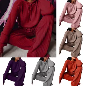 Women Suit Two Piece Set Knit Pajamas Leisure Suit Outfits Long Sleeve Solid ~ - Picture 1 of 28