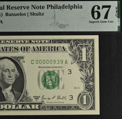 1969D $1 Philadelphia FRN PMG 67EPQ gem three digit low serial number 00000939 - Image 1 of 3